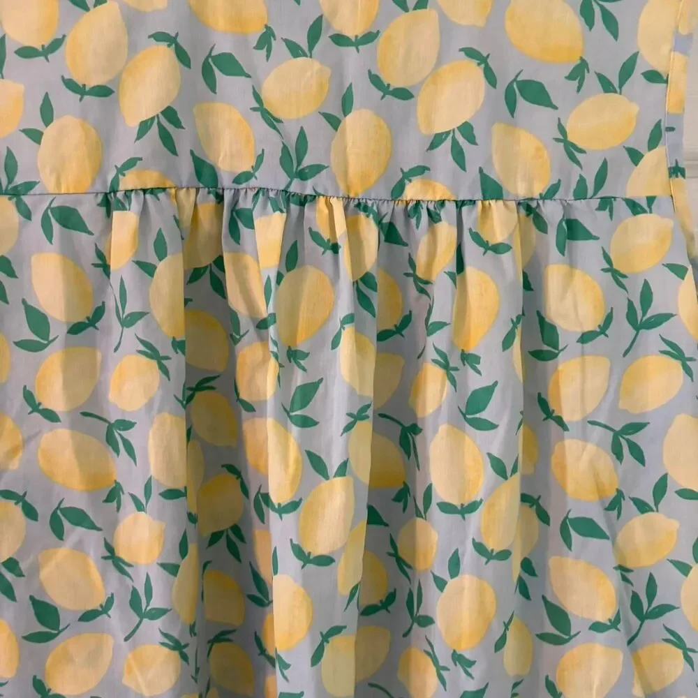 Lemon Print Mini Dress Cottagecore Summer Pocket Dress Blue Yellow Size L - Picture 7 of 8